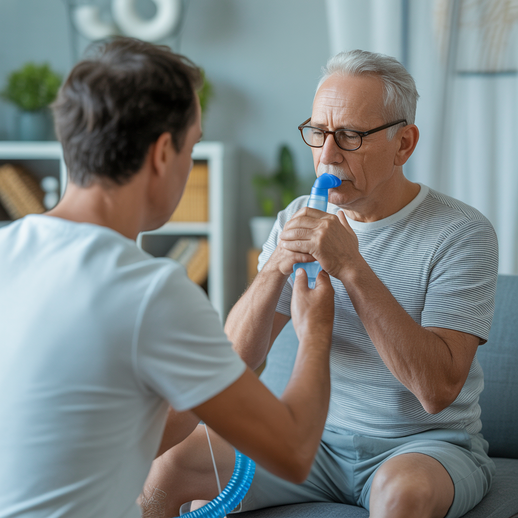Terapeuta respiratorio atendiendo paciente en casa